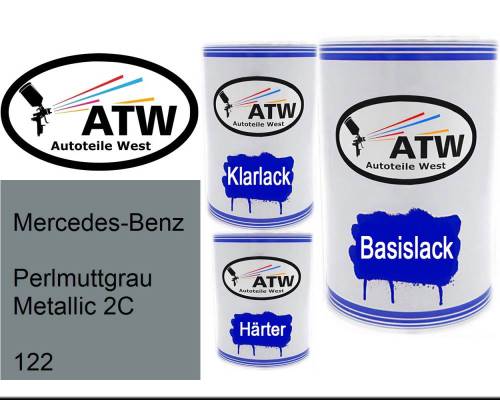 Mercedes-Benz, Perlmuttgrau Metallic 2C, 122: 500ml Lackdose + 500ml Klarlack + 250ml Härter - Set, von ATW Autoteile West.